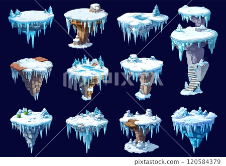 Flying Ice island set. Stony rocks covered with snow and icicles. Winter arcade game platforms. Cold nature panorama ui elements. Cartoon style isolated vector clipart collection on dark background 120584379