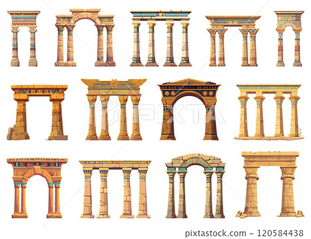 Ancient Egypt stone columns set. Old pharaoh god temple arches with gate pillars. Ornamental decorative palm hieroglyph motifs. Game assets. Cartoon style isolated vector clipart collection 120584438