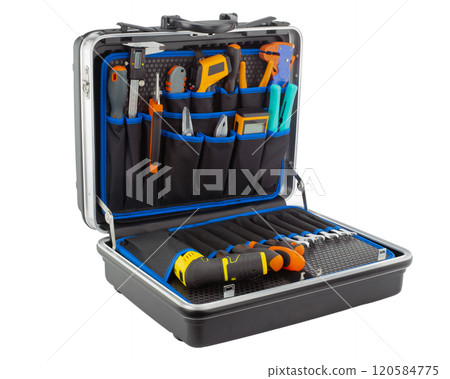 Open toolbox case with assorted tools and equipment Open toolbox case with assorted tools and equipment 120584775
