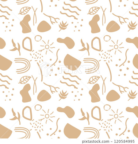 Seamless abstract pattern featuring beige organic shapes, including waves, plants, and geometric elements 120584995