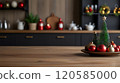Kitchen blurred background with an empty wooden table or counter, Christmas decorations, and lights, selective focus, for product presentation. 120585000