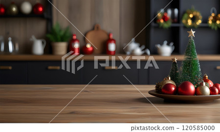 Kitchen blurred background with an empty wooden table or counter, Christmas decorations, and lights, selective focus, for product presentation. 120585000