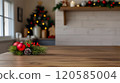 Kitchen blurred background with an empty wooden table or counter, Christmas decorations, and lights, selective focus, for product presentation. 120585004