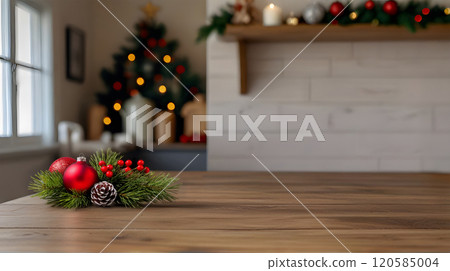 Kitchen blurred background with an empty wooden table or counter, Christmas decorations, and lights, selective focus, for product presentation. 120585004