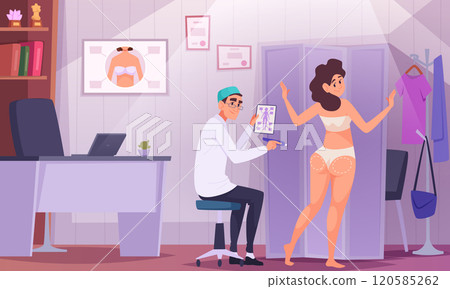 Plastic surgery service. Doctor consult patient about new plastic body renovation technologies exact vector cartoon background Plastic surgery service. Doctor consult patient about new plastic body renovation technologies exact vector cartoon background 120585262
