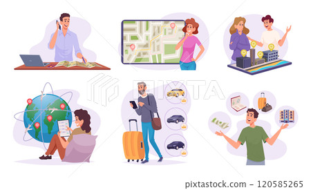 Travel planning. Buying tickets booking hotel tourists logistics exact vector cartoon illustrations Travel planning. Buying tickets booking hotel tourists logistics exact vector cartoon illustrations 120585265