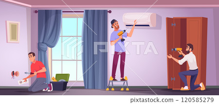 Interior renovation. Maintenance services builders installing and fixing old living room exact vector cartoon background 120585279