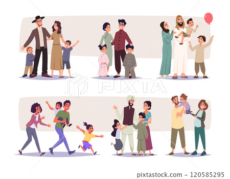 Diverse family. Happy group of parents with kids different nationalities exact vector cartoon characters set 120585295