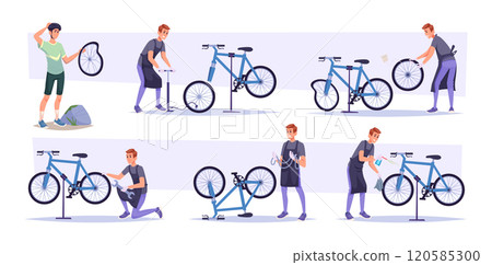 Bicycle repair service. Professional worker repairing different bicycle parts gears and wheels exact vector flat pictures set 120585300