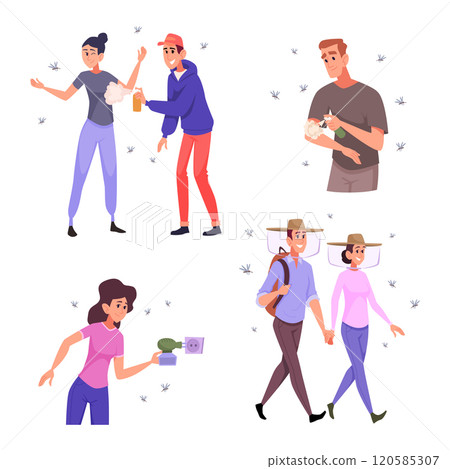 Insect prevention. Different stages of mosquitoes bite protection little bloodsuckers wasps and ants exact vector templates 120585307