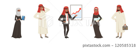 Arab Business Man and Woman Character in National Clothes Vector Set Arab Business Man and Woman Character in National Clothes Vector Set 120585318