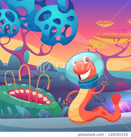 alien worm. fantasy background with funny happy monster 120585320