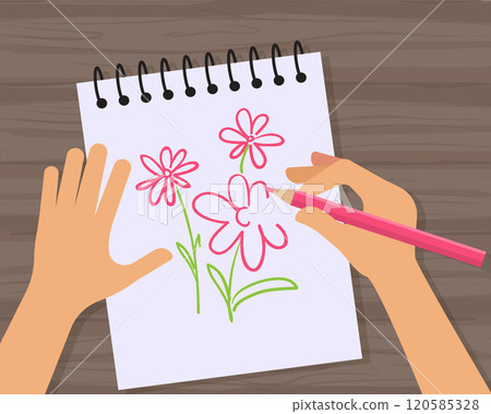 hand drawn flowers. kids drawing beautiful buds of chamomile. vector top view illustrations on hands with pencils 120585328
