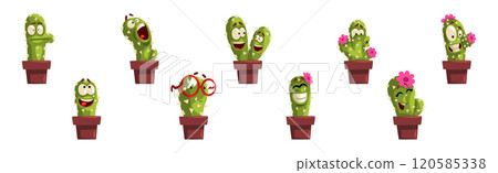 Green Cactus Character with Different Face Emotion Vector Set 120585338