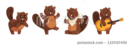 Funny Beaver Character in Different Actions Vector Set 120585400