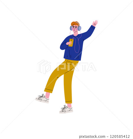 Guy in Modern Clothing Listening to Music with Headphones, Trendy Creative Young Man with Electronic Gadget Vector Illustration 120585412