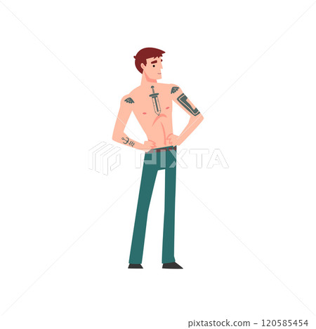 Young Man with Tattoo, Attractive Tattooed Guy with Bare Chest Vector Illustration 120585454