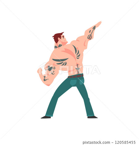 Brutal Muscular Man with Tattoo, Attractive Tattooed Guy with Bare Chest, Back View Vector Illustration Brutal Muscular Man with Tattoo, Attractive Tattooed Guy with Bare Chest, Back View Vector Illustration 120585455