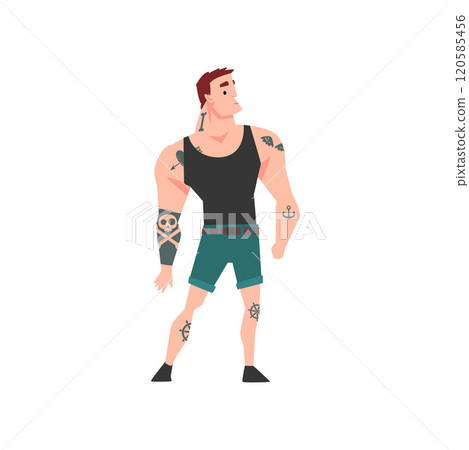 Brutal Muscular Man with Tattoo, Attractive Tattooed Guy Wearing Black Sleeveless Shirt Vector Illustration Brutal Muscular Man with Tattoo, Attractive Tattooed Guy Wearing Black Sleeveless Shirt Vector Illustration 120585456