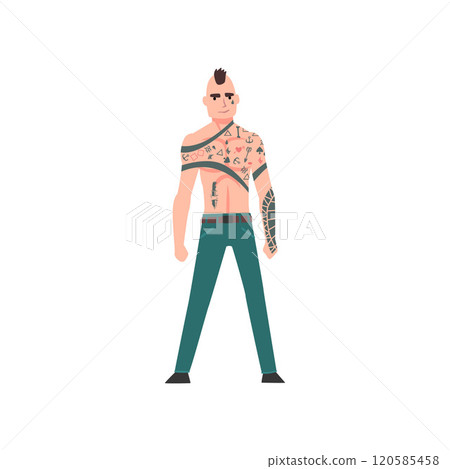 Punk Man with Tattoo, Tattooed Guy with Bare Chest and Mohawk Hairstyle Vector Illustration Punk Man with Tattoo, Tattooed Guy with Bare Chest and Mohawk Hairstyle Vector Illustration 120585458