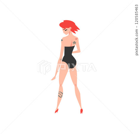 Young Woman with Tattoo, Beautiful Tattooed Girl Wearing Black Underwear With Short Red Hair, Back View Vector Illustration 120585463