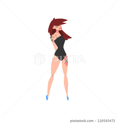 Young Woman with Tattoo, Beautiful Tattooed Girl Wearing Black Underwear Vector Illustration 120585472