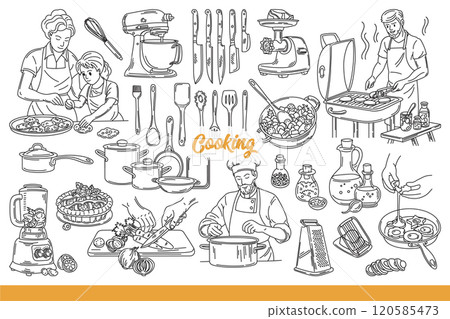 Cooking word near chefs and housewives or kitchen utensils and equipment for making delicious dinner 120585473