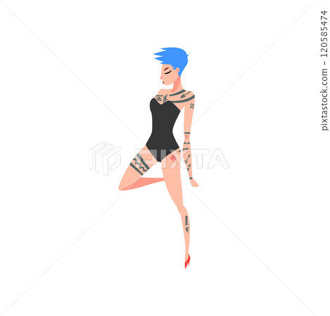 Young Woman with Tattoo, Beautiful Tattooed Girl Wearing Black Underwear Bodysuit With Short Colored Hair Vector Illustration Young Woman with Tattoo, Beautiful Tattooed Girl Wearing Black Underwear Bodysuit With Short Colored Hair Vector Illustration 120585474