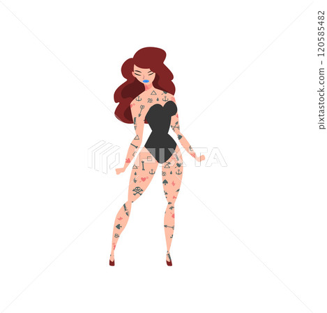 Young Woman with Tattoo, Beautiful Tattooed Girl Wearing Black Underwear Bodysuit With Vector Illustration 120585482