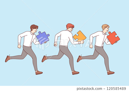 Teamwork of business men running together side by side with puzzle pieces in hands to complete task 120585489
