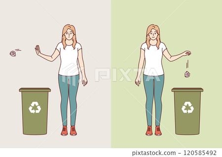 Woman throws trash into paper recycling bin, demonstrating correct way to dispose of waste 120585492