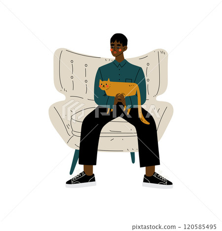 Young African American Man Sitting in Armchair with Cat in His Hands, Guy Spending Weekend at Home and Relaxing, Rest at Home Vector Illustration Young African American Man Sitting in Armchair with Cat in His Hands, Guy Spending Weekend at Home and Relaxing, Rest at Home Vector Illustration 120585495