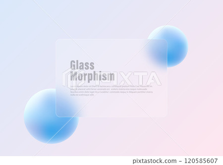 Glass morphism website landing page template. Frosted glass partition with floating spheres. Glass morphism website landing page template. Frosted glass partition with floating spheres. 120585607
