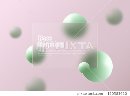 Glass morphism website landing page template. Frosted glass partition with floating spheres. 120585610