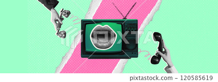 Contemporary art collage. Retro TV paired with vintage telephones, highlighting evolution of communication across different eras in vibrant green and pink tones. 120585619