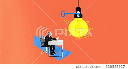 Contemporary art collage. Businessman sitting at desk looking up at glowing lightbulb locked with key, symbolizing innovative problem-solving. Contemporary art collage. Businessman sitting at desk looking up at glowing lightbulb locked with key, symbolizing innovative problem-solving. 120585627