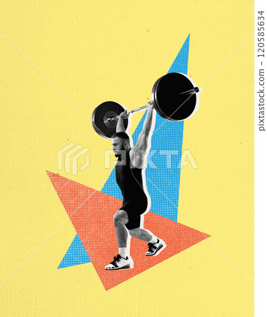 Contemporary art collage. Weightlifter performing clean and jerk, displaying strength and fitness, with geometric shapes in yellow, orange, and blue as backdrop. 120585634