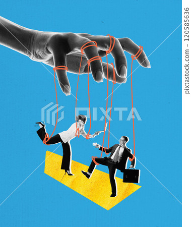 Contemporary art collage. Hand controlling people as marionettes with red strings, symbolizing manipulation or leadership dynamics, over blue and yellow background. Contemporary art collage. Hand controlling people as marionettes with red strings, symbolizing manipulation or leadership dynamics, over blue and yellow background. 120585636
