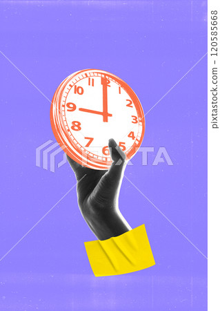 Contemporary art collage. Hand holding clock with bold orange and white colors, symbolizing time management and focus on minimal purple backdrop. 120585668