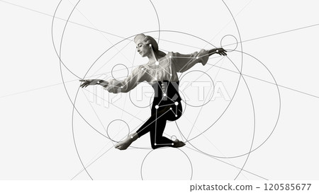 Cotemporary art collage. Dancer leaps into dramatic pose surrounded by dynamic geometric circles and lines, combining ballet's grace with artistic composition. Cotemporary art collage. Dancer leaps into dramatic pose surrounded by dynamic geometric circles and lines, combining ballet's grace with artistic composition. 120585677