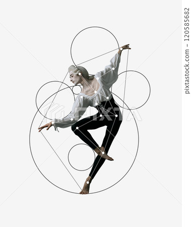 Cotemporary art collage. Poised ballet dancer extends arms gracefully while framed by overlapping circles and lines, merging ballet with modern design elements. 120585682
