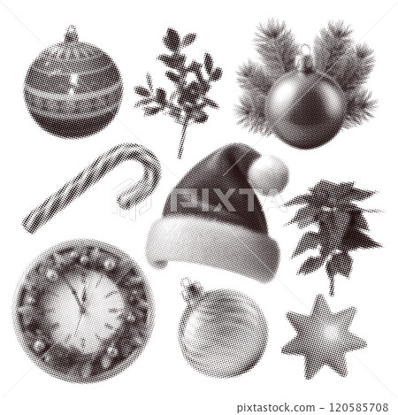 Christmas halftone elements set with poinsettia, balls, clock, fir branch, candy cane and Santa hat. Vector design with retro aesthetic, photocopy effects, and grunge patterns. Christmas halftone elements set with poinsettia, balls, clock, fir branch, candy cane and Santa hat. Vector design with retro aesthetic, photocopy effects, and grunge patterns. 120585708