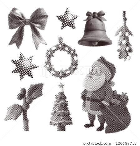 Christmas themed halftone elements set with a retro naive clay feel , featuring Santa, Christmas tree, holly and bell. Vector dotted illustrations for social media posts, cards or festive decor. 120585713