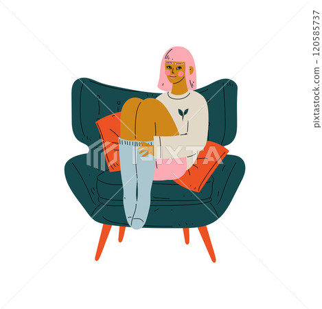 Young Woman Sitting in Armchair, Girl Spending Weekend at Home and Relaxing Vector Illustration Young Woman Sitting in Armchair, Girl Spending Weekend at Home and Relaxing Vector Illustration 120585737