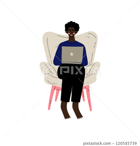 Young African American Man Sitting in Armchair Working with Laptop Computer, Girl Spending Weekend at Home and Relaxing Vector Illustration Young African American Man Sitting in Armchair Working with Laptop Computer, Girl Spending Weekend at Home and Relaxing Vector Illustration 120585739