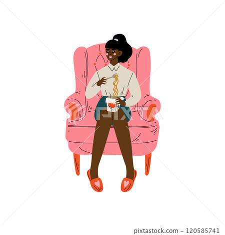 Young Woman Sitting in Armchair Eating Noodles, Girl Spending Weekend at Home and Relaxing Vector Illustration Young Woman Sitting in Armchair Eating Noodles, Girl Spending Weekend at Home and Relaxing Vector Illustration 120585741