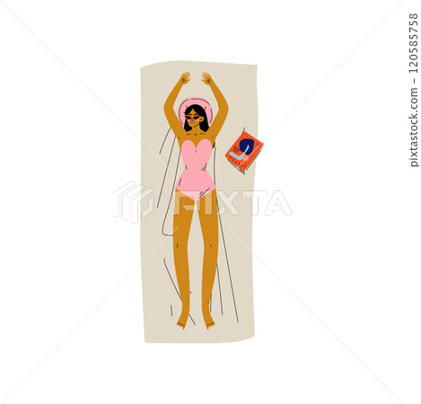 Beautiful Girl Lying on Her Towel and Sunbathing, Young Woman Relaxing on Beach on Summer Vacations Vector Illustration 120585758