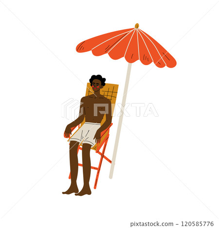 African American Man in Shorts Sitting in Chaise Lounge Under Sunshade Parasol, Guy Relaxing on Beach on Summer Vacations Vector Illustration African American Man in Shorts Sitting in Chaise Lounge Under Sunshade Parasol, Guy Relaxing on Beach on Summer Vacations Vector Illustration 120585776