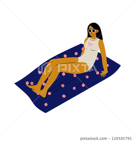 Girl in Sunglasses Lying on Her Towel Sunbathing, Beautiful Woman Relaxing on Beach on Summer Vacations Vector Illustration 120585791