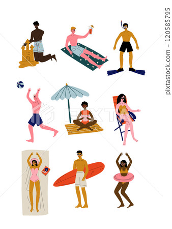 People Relaxing on Beach on Summer Vacations Set, Young Men and Women of Different Nationalities Performing Leisure Outdoor Activities Vector Illustration 120585795